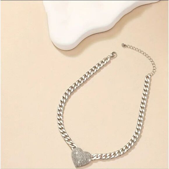 NEW SILVER RHINESTONE HEART CUBAN CHAIN LINK LAYER CHOKER NECKLACE - Picture 3 of 4